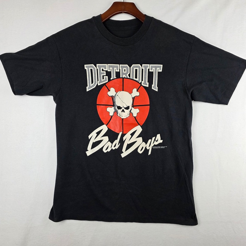 Vintage 1988 Detroit Bad Boys Basketball T-Shirt Black Single Stitch Mens Medium